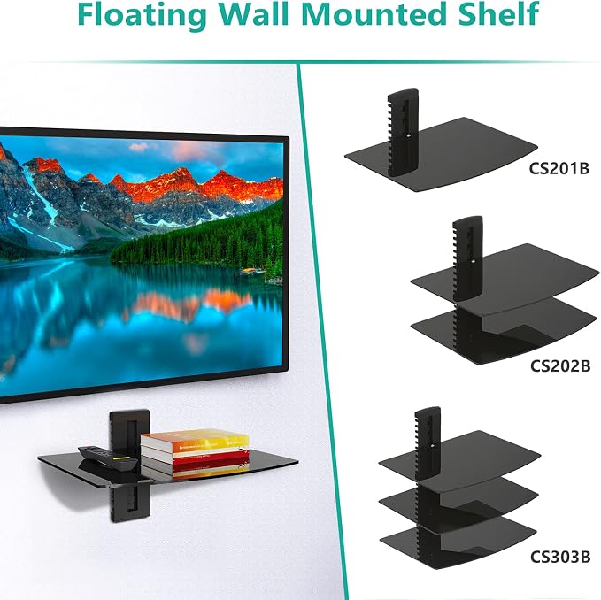 WALI Floating TV Shelf, 1 Tier Glass Projector Shelf for DVD Players, Routers, Game Consoles, Cable Boxes, Living Room Decor, Wall Mount Shelves Hold Up to 17.6lbs (CS201B), 1-Shelf, Black - Image 7