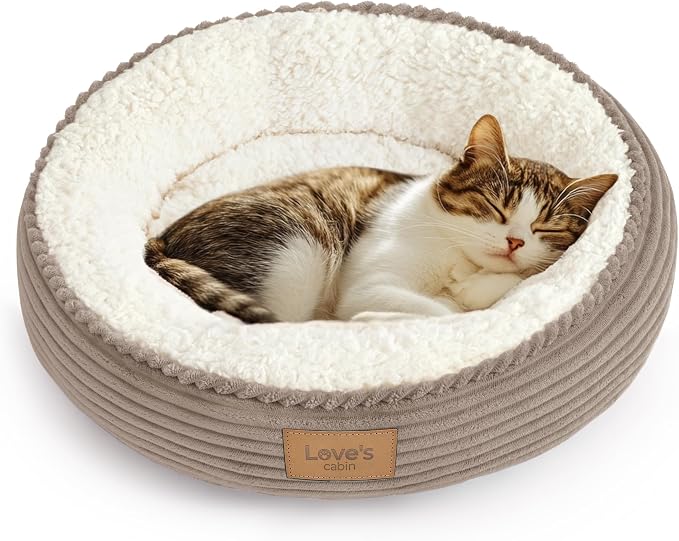 Love's cabin Round Donut Cat and Dog Cushion Bed, 20in Pet Bed for Cats or Small Dogs, Anti-Slip & Water-Resistant Bottom, Super Soft Durable Fabric Pet beds, Washable Luxury Bed Khaki by Lovescabin