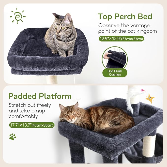 Globlazer 52in Cat Tree Tower for Indoor Cats, 2 Condos, S52, Dark Grey | Multi-Level Plush House, 5 Sisal Scratching Posts, 2 Padded Top Perches, Big Metal Basket, Stable Enlarged Base - Image 3