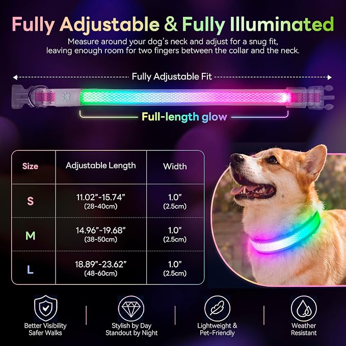 Multicolor LED Dog Collar USB-C Rechargeable, Light Up Dog Collar, Rainbow Gradient Glowing Dog Collar with 4 Light Modes, Adjustable Candy Mesh Pet Collar(Pink, Medium) - Image 6