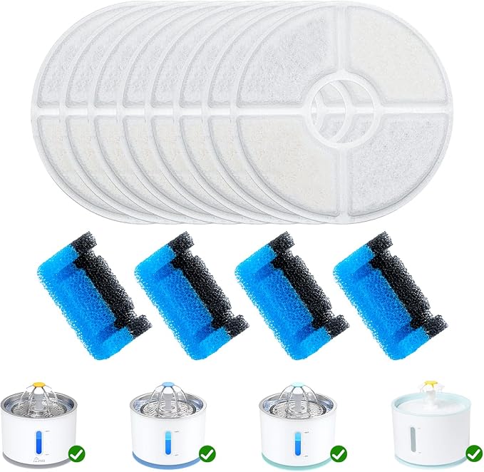 Wonder Creature Cat Water Fountain Filter Replacement 8+4 Pack | 8 Round Carbon Filters and 4 Upgraded Pre-Filter Sponges for 81oz/2.4L Round Stainless Steel Top Cat Fountain by WonderCreature