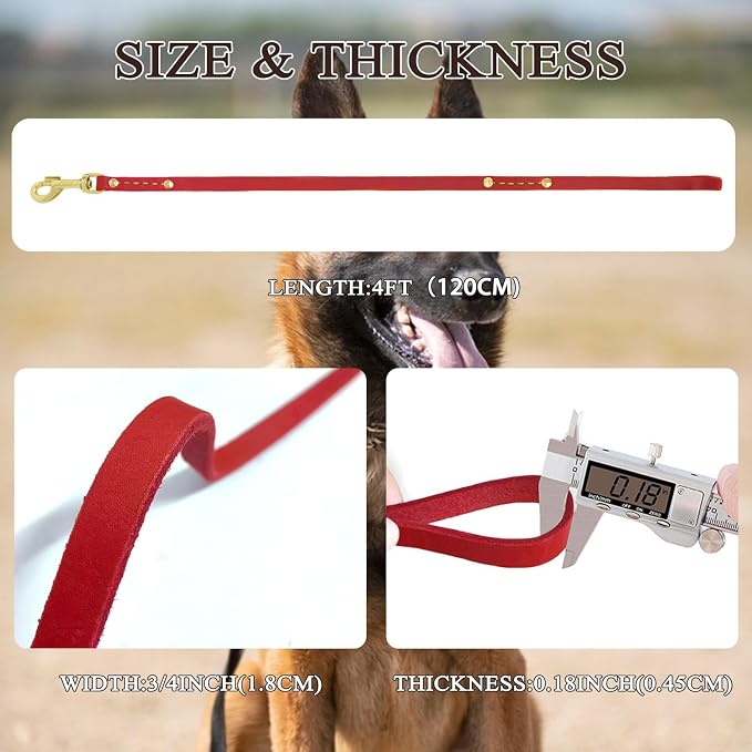 Heavy Duty Leather Dog Leash 4 ft x 3/4 inch,Strong Stitched Handmade Leather Training Leash for Walking,Soft Handle and Durable Lead for Medium and Large Dogs Red - Image 3