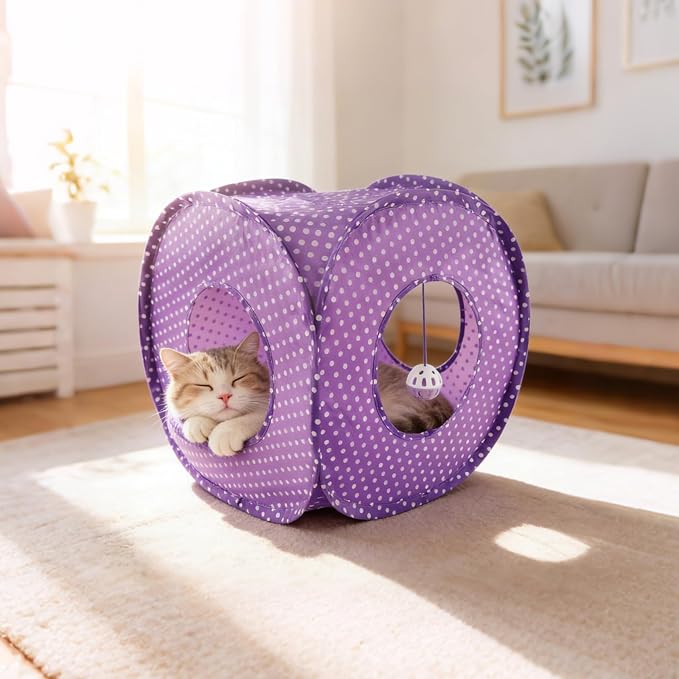 Andiker Cat Tent, 3 Holes Safe and Strong Cute Cats Tunnel Collapsible Easy to Carry Cat House for Indoor Cats Kittens Hiding Playing Training Sleeping (Square Purple) - Image 5