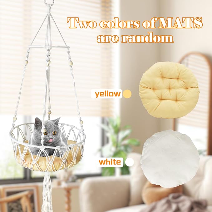 Macrame Cat Hammock Bed,Handwoven Hanging Boho Cat Bed with Hanging Kit for Indoor Outdoor Home Decor Ceiling Catio Swing for Playing Sleeping Climbing and Lounging(15.74x15.74x47.24IN)(L) - Image 3