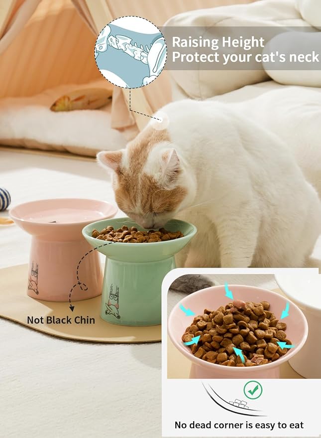6.5 Inch Extra Wide Ceramic Elevated Cat Bowls, Raised Pet Bowl Set | Whisker Fatigue, for Elder Big Cats Small Dogs, Set of 2, Green & Pink - Image 4