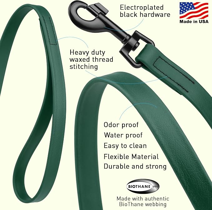Dogline Biothane Waterproof Dog Leash Strong Coated Nylon Webbing with Black Hardware Odor-Proof Easy to Clean High Performance for Small or Large Dogs Made in USA 4 or 6 ft Lead, Hunter Green - Image 2