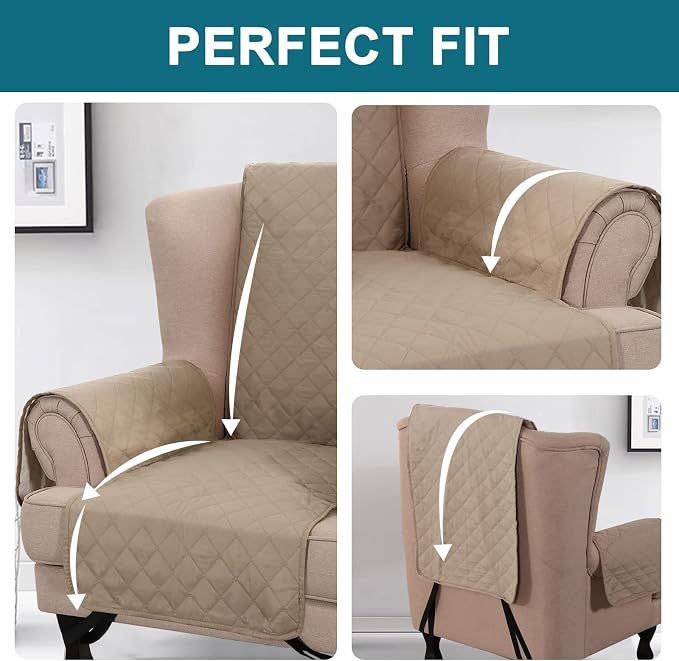 Turquoize 100% Waterproof Wing Chair Cover Wing Armchair Slipcovers Chair Couch Protector Triple Non-Slip Sofa Slipcover for Wing Chair Furniture Protector for Pets, Kids,Dog (Wing Chair, Khaki) - Image 5