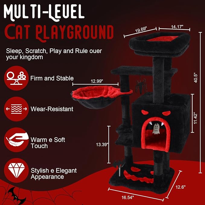 Cat Tree Tower with Hammock,40"Cat Trees for Indoor Cats Large Adult(Black) | Modern Cat Tree Tower with Scratching Post, Cats Condo Furniture with Cloud Top Perch, Cats Climbing Tower for Kittens - Image 2