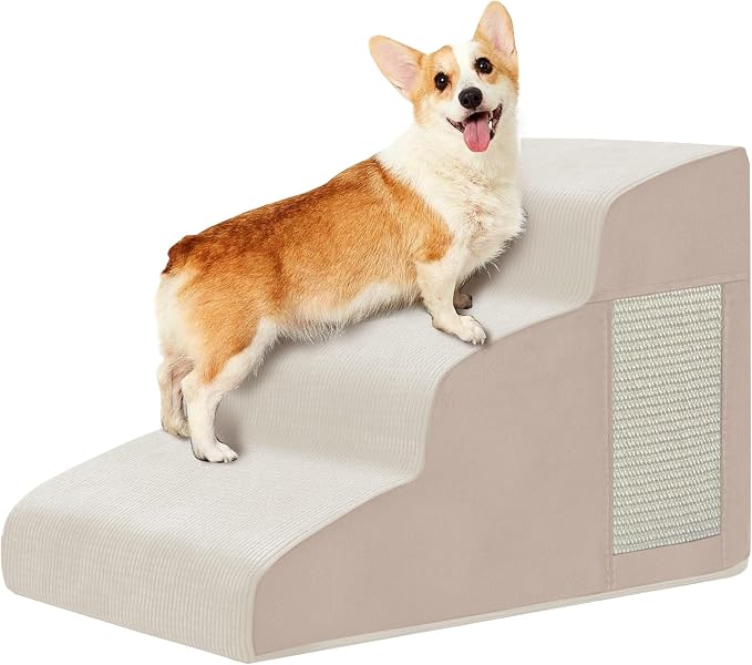 Dog Stairs for Small Dogs 15.7" H, Dog Ramp for Bed, 3-Step, Beige | Dog Steps for Bed, Couch, Pet Stairs with Non-Slip Bottom Design, Cat Scratching,High Density Foam Portable Pet Steps, Indoor by Ahpmeoa