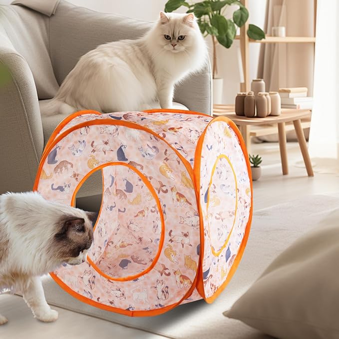 Andiker Cat Tent, 3 Holes Safe and Strong Cute Cats Tunnel Collapsible Easy to Carry Cat House for Indoor Cats Kittens Hiding Playing Training Sleeping (Square Orange) - Image 5