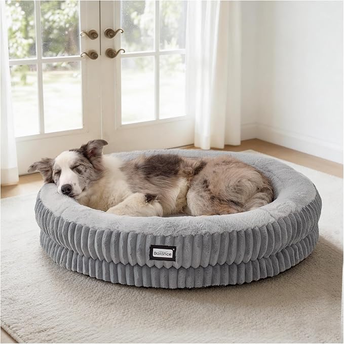 BALANCE Donut Dog Bed, 36 Inches Round Dog Bed Large Size Dogs Washable, Orthopedic Calming Dogs Beds for Kitten, Fluffy Plush Faux Fur Pet Bed with Anti-Slip Bottom by BalancePet
