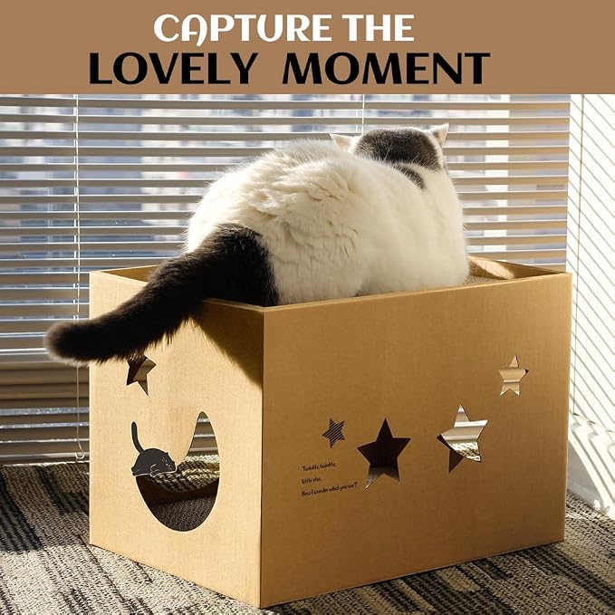 Cat Cardboard House with 2 PCS Scratching Pads，Large Cat Scratcher Bed Cat Scratchers Lounge for Indoor Cats with Corrugated Board Detachable Cat Scratcher Box for Cats(Star) - Image 6