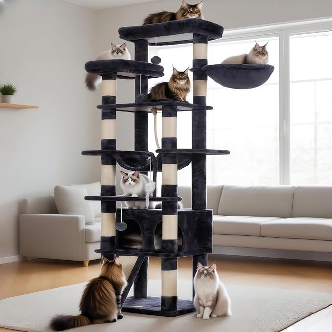 Heybly Tall Cat Tree 78-inch Multi-Level Cat Tower for Indoor Cats HCT033G | Cat Condo with 2 Widened Plush Perches, Multi-Level Cat Furniture with Scratching Board, Big Caves, Smoky Gray - Image 2