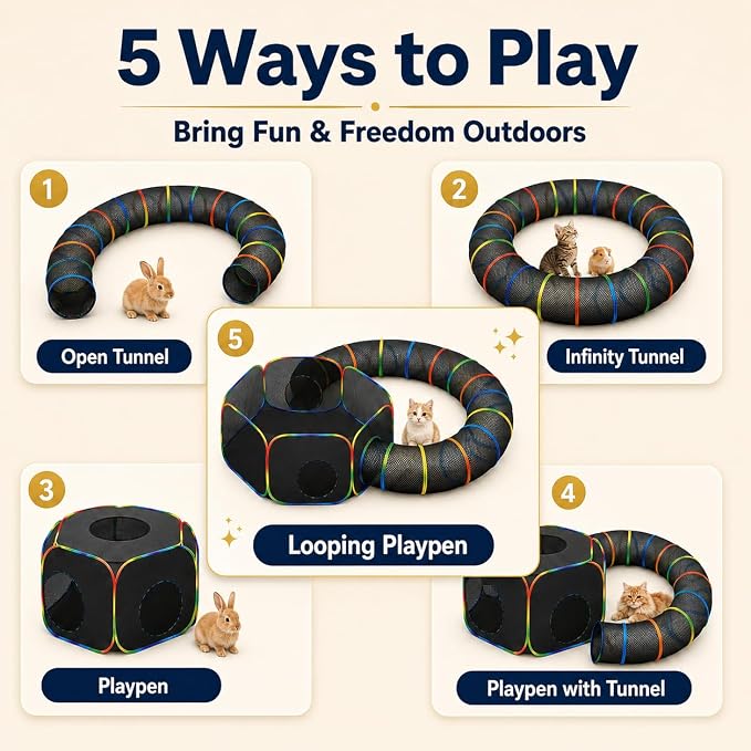 Portable Cat Enclosure - 2-in-1 Outdoor Catio with Tent & Tunnel, Foldable Playpen for Indoor Cats, Includes Storage Bag for Cats & Small Animals Rainbow Color - Image 3