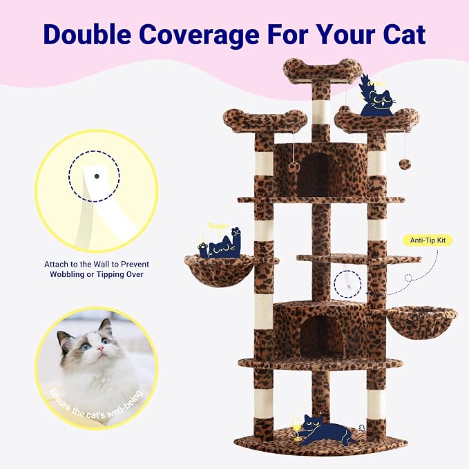 Allewie 73in Fan-Shaped Space-Saving Corner Cat Tower/Multi-Level Tall Cat Tree for Indoor Kitties/Cozy Baskets/Condos/House/Perches/Sisal Scratching Posts/Pet Activity Center/Leopard Print - Image 3