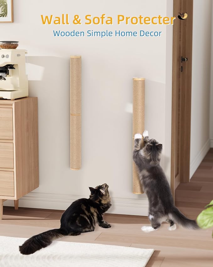 Aechonow 68" Wall Mounted Cat Scratcher,2Pcs of 34in Sisal Scratching Posts | Wood Cat Wall Scratcher,Cat Wall Furniture for Indoor Cats,Cat Wall Climber, Natural Sisal,Tall & Sturdy Corner Climbing Pole - Image 2