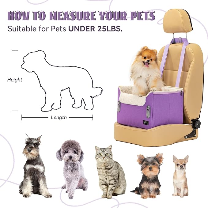 PETSFIT Small Dog Car Seat – Patented Safety Buckles – Safety Tether – Foldable Travel Dog Booster Car Seat Reduces Anxiety & Road Trips – Stable Frame, Soft Cushion, Fits Front/Back Seat (Purple) - Image 6