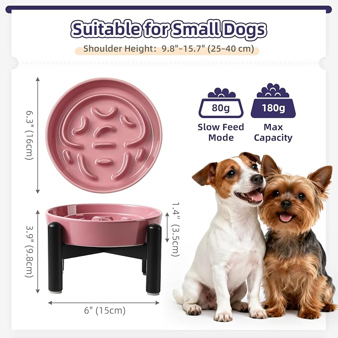 Elevated Slow Feeder Dog Bowl, 0.8 Cups Ceramic Raised Slow Feeder with Stainless Stand, 6.3 Inch Wide Lifted Dog Bowl for Small Breeds to Control Eating Speed, Pink - Image 2