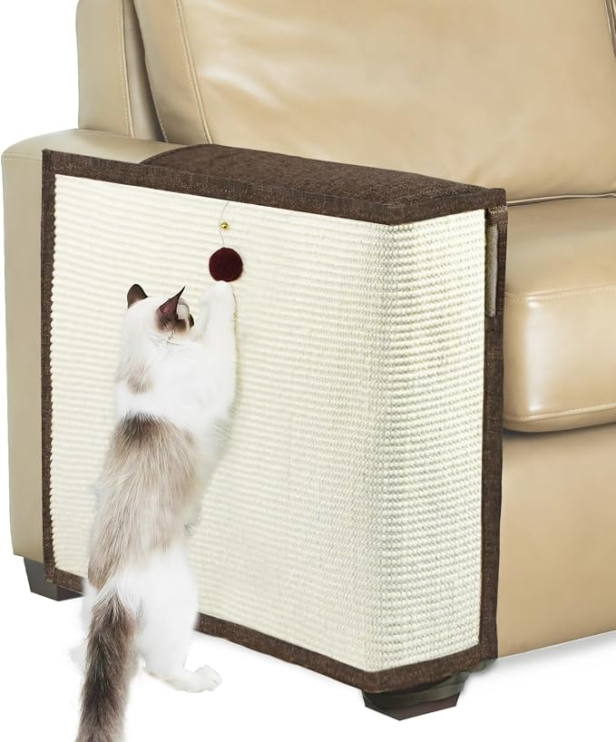 Upgraded Cat Scratch Furniture Protector,Cat Scratch Sofa Arm Sheild with 27.6’‘L*19.6’‘W Natural Sisal and Scratch Ball for Protecting Couch Sofa Chair Furniture (Brown/Right Handed) by Oroonoko