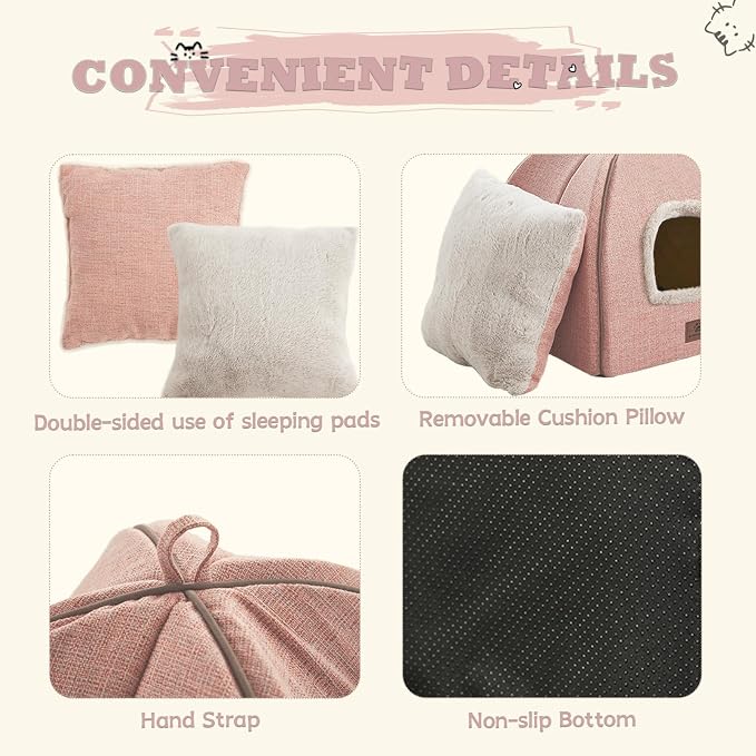 Cat Bed for Indoor Cats - Cat House Cats Tent with Removable Washable Cushioned Pillow, Soft and Self Kitten beds,for Small and Medium Pet Bed, Pink - Image 4