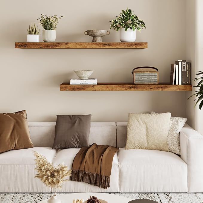 Fixwal Floating Wall Shelves for Decor (Rustic Brown, Set of 2, 35.4Inch) | MDF Shelf with Metal Brackets, Space Saving for Books , Decor, Fits Bathroom, Kitchen, Bedroom, or Office - Image 2