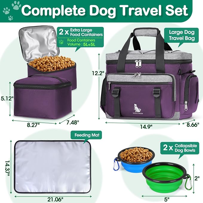 IGOLUMON Dog Travel Bag Large Waterproof Pet Travel Bags Set for Supplies | Weekend Travel Kit Tote Organizer Multi-Pocket Food Travel Bag with 2 Extra Large Food Containers, 2 Dog Bowls, 1 Feeding Mat - Image 3