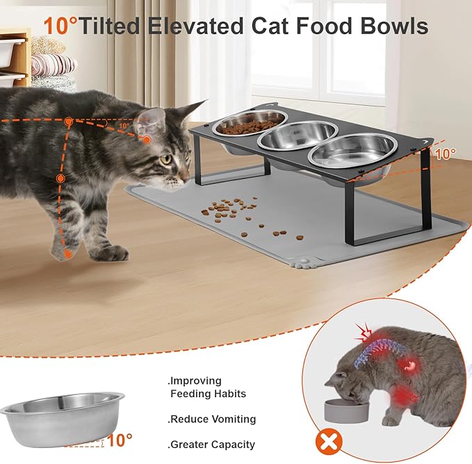 Elevated Cat Bowls with Food Mat, 10°Tilted Non-Slip Raised Cat Food Water Bowls Set, 3 Thick Stainless Steel Pets Dishes with Cute Metal Feeding Stand for Indoor Kitten Puppy, Anti-Vomiting - Image 2