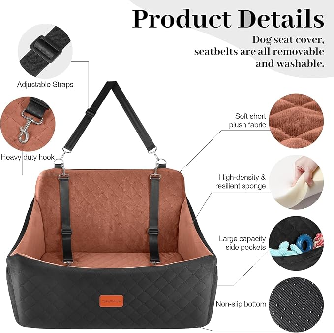 Wooaidagg Dog Car Seat for Medium & Large Dogs Up to 55lbs, Memory Foam Cushion, Washable Cover, Safety Straps & Non-Slip Bottom(Black/Brown,Large) - Image 2