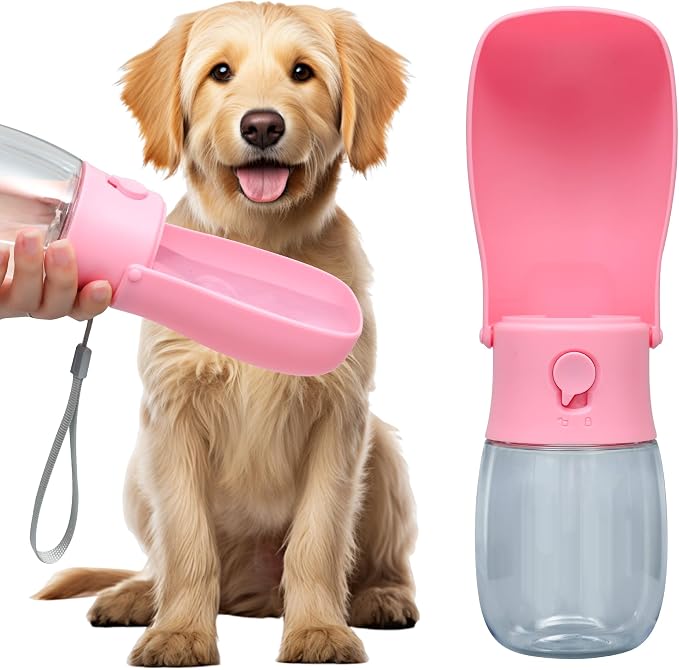 Portable Dog Water Bottle 10oz Pink | Foldable pet water dispenser, food grade plastic, ease to use for outdoor walking, hiking, travel by VEPOUYUDIRECT