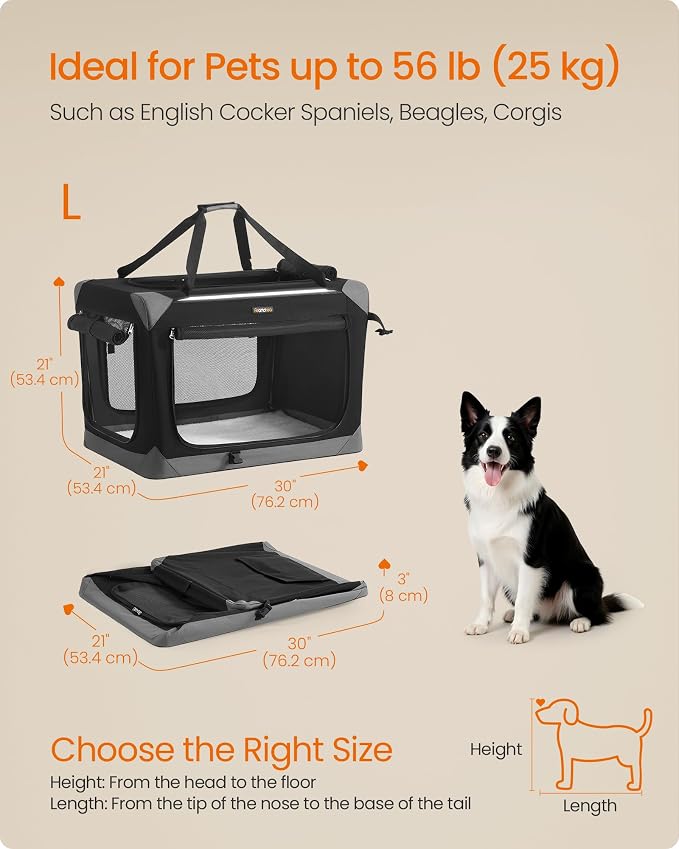 Feandrea Collapsible Dog Crate, Portable Oxford Fabric Pet Travel Crate with 4 Mesh Doors, Handles, Pocket, 30 Inches, for Medium Dogs, Ink Black and Dove Gray UPDC027BH01 - Image 6