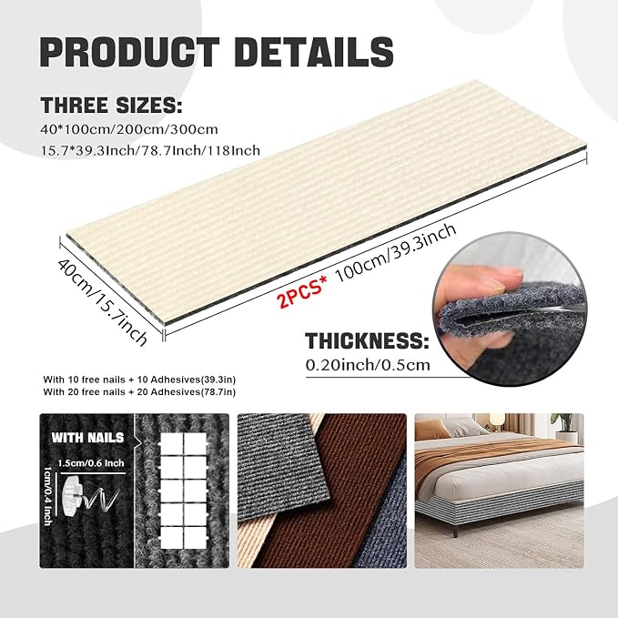 SREBAY Cat Scratch Couch Furniture Protector, Self-Adhesive Scratch Pad | 78.7x15.8In Thickened, DIY Climbing Cat Carpet Mat for Door Window Protector, Couch Guard from Claw with Pins&Tape, OffWhite - Image 2