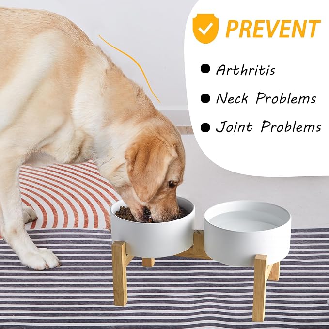 Raised Ceramic Dog Bowl Set - Elevated Dog Bowls with Non Slip Bamboo Stand, Food and Water Bowl Set for Small and Medium Breed Dogs, Pet Bowls, Weighted Dogs Dishes (6'', 2 * 30OZ, White) - Image 6