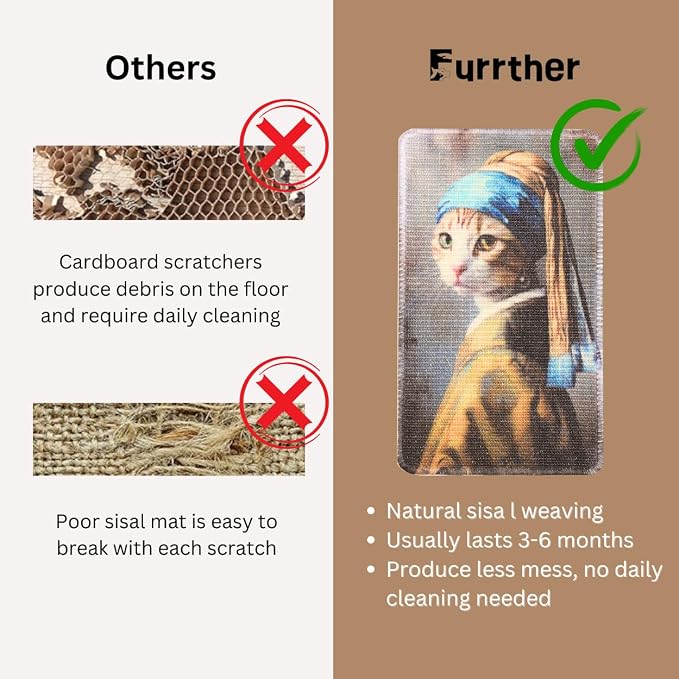 Sisal Cat Scratcher Post Mat (Use on Wall, Couch and Carpet), Shedding-Resistant Scratching Surface - 21.7x13 with Hoop and Loop Adhesives, Pads and Twist Pins (Cat with A Pearl Earring) - Image 4