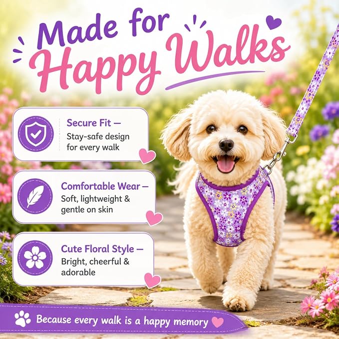 Step in Dog Harness Leash Set- All Weather Reflective No-Pull Floral Pattern Padded Mesh Vest Harness for Cats Puppy Extra-Small Small Medium Large Dogs - Purple Flower - L - Image 4