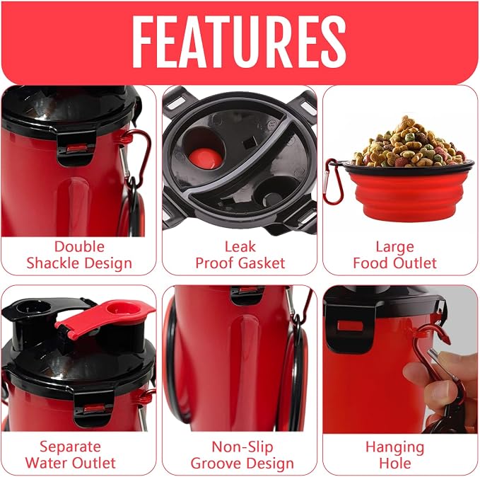 Dog Travel Water Bottle W/Collapsible Bowls - Portable 2 in 1 Leakproof Pet Water Bottle Food Container Ideal for Travel, Outdoor Portable Water Bowls for Walking, Camping & Hiking - (Red) - Image 2