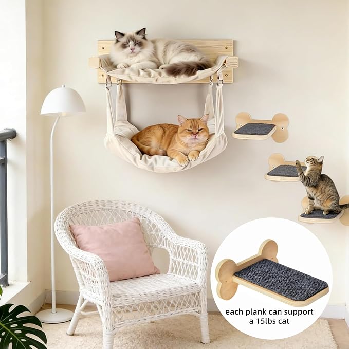 Wall Mounted Cat Double Hammock & 3 Steps, Pine Climbing Shelf & Perch Set, Multi-Function Wall-Mounted Cat Furniture for Sleep Play Climb, Easy DIY Installation - Image 5