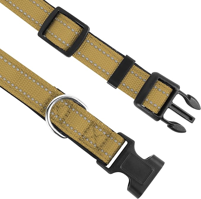 Reflective Dog Collar, Adjustable Soft Neoprene Padded,Khaki,M | Breathable Nylon for Medium Dogs,Tear-Resistant Webbing,Chafe‑Free on Walks and Hikes,Metal D-Ring,Night Safety - Image 3