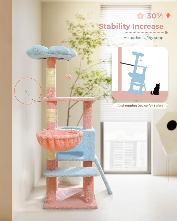 Flower Cat Tree 47.2" Multi-Level Cat Tower with Sisal Covered Scratching Posts, Cute Cat Condo for Indoor Small Medium Cats, Pink Top Perch, Ramp, Fluffy Ball, Blue - Image 5