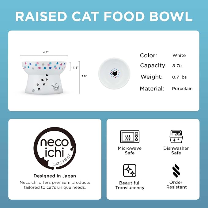 Necoichi Ceramic Raised Cat Food Bowl, 15° Tilted (Colorful Dots, Regular) - Image 2