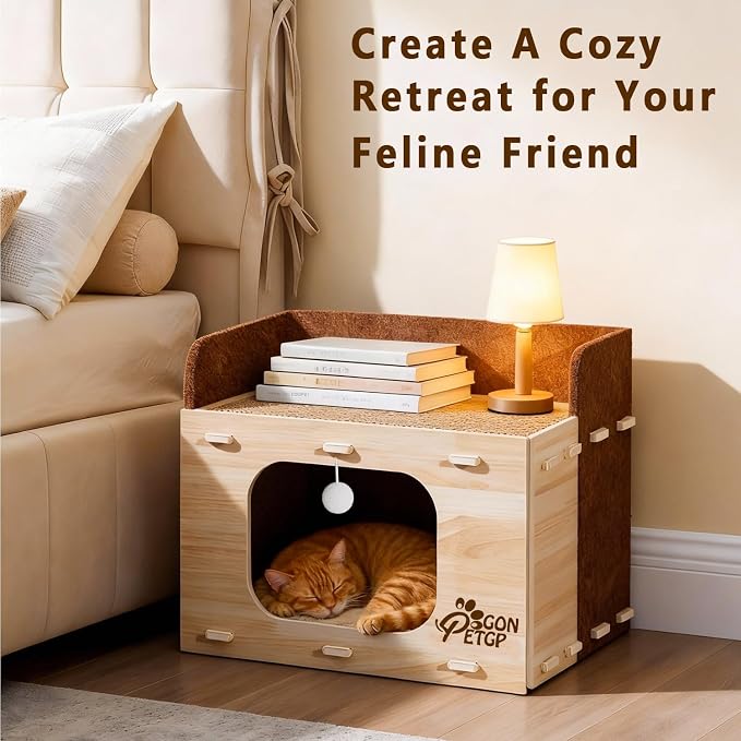 Cat Houses for Indoor Cats, Two-Story Cat Bed Cube for Multiple Small Kittens, Removable Felt Cat Cave Hideaway Condo with Fluffy Ball, Scratch Pad - Image 7