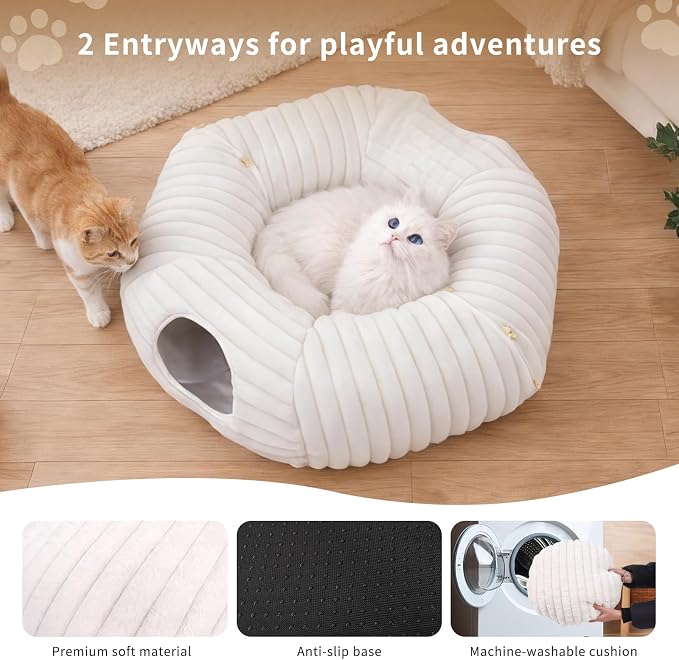 Dogpals Cat Tunnel Bed Cave 33" Lx10 Wx10 H for Indoor Cats (White) | Washable Cozy Cushion, Soft Striped Plush Fabric, Hideaway Peekaboo Cave for Kittens, Puppies, Rabbits & Small Pets - Image 4
