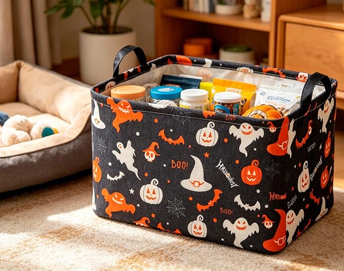 CLOCOR Rectangular Storage Basket Empty,Gift Basket,Waterproof Storage Bin with Handles,Room Decor(Black Halloween Basket) - Image 5