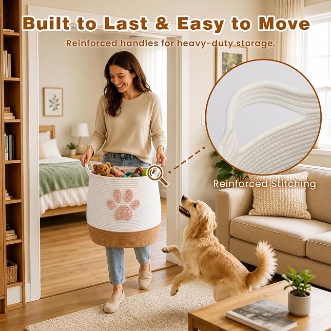 Large 17.7" Cotton Rope Pet Toy Storage Basket with Cute Paw Print - Woven Dog Toy Bin & Cat Organizer - Soft Round Hamper for Puppy Blankets, Treats, Nursery & Living Room Storage - Image 6