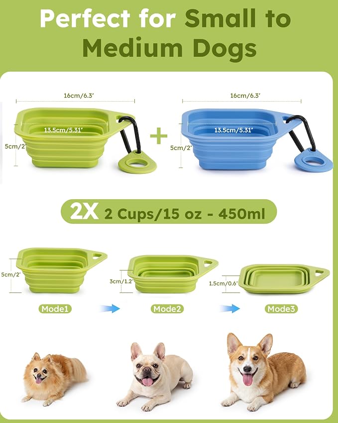 Pecute 2 Pack Foldable Dog Bowls for Travel, Portable Silicone, Blue/Green | Food-Grade Silicone, BPA Free, with Carabiner Clip for Hiking, Durable & High Quality, Dishwasher Safe, 15oz Per Bowl - Image 8