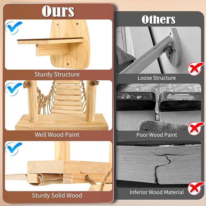 Calmbee Cat Wall Shelves, Cat Wall Furniture 70" Cat Bridge Wall Mount Cat Perch Wooden Hammock Cat Tree Cat Climber Cat Cloud Shelf Board Cats Bed - Image 8
