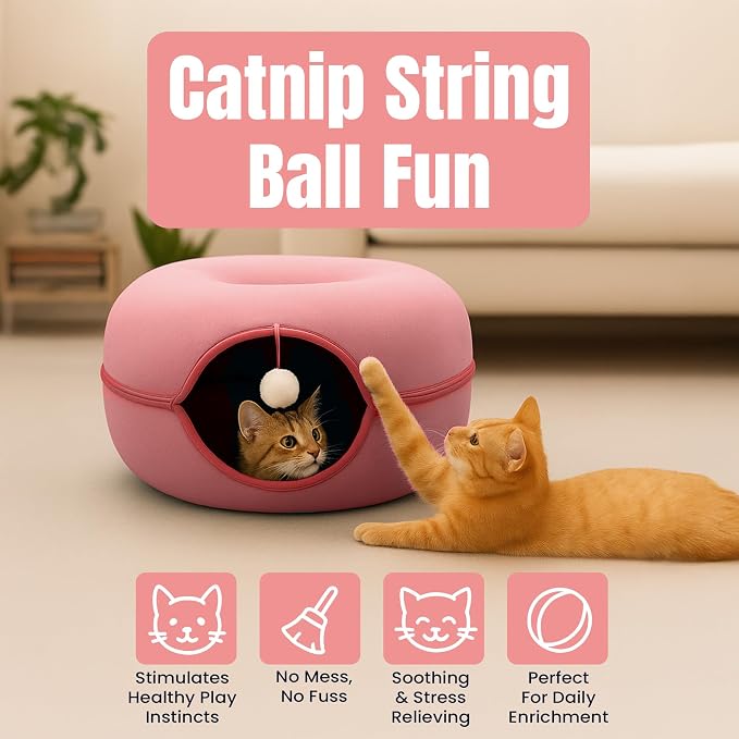 Okoco Cat Tunnel Bed for Indoor Cats Large, 24" Peekaboo Cat Cave Donut Bed for Pets up to 45lbs, 2-in-1 Round Tube with Hanging Ball Toy & Removable Machine Washable Parts (Pink) - Image 6