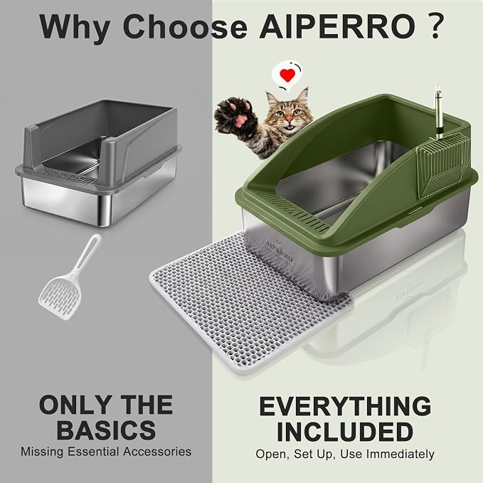 AIPERRO Stainless Steel Litter Box | XL Enclosed Metal Cat Litter Boxes | High Sided with Lid for Big Cats | Anti-Urine Leakage | Non-Stick Bottom & Includes Litter Mat & Metal Scoop (Olive Green) - Image 3