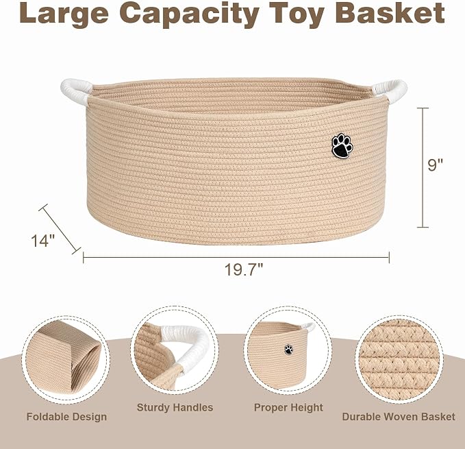 Optish 40L Extra Larg Dog Toy Basket, Woven Storage Baskets with Handles | 20" x 14" x 9" XL Toy Storage Box and Bin with Handles for Living Room, Bedroom Organization, Foldable, Durable, Home Decor - Image 3