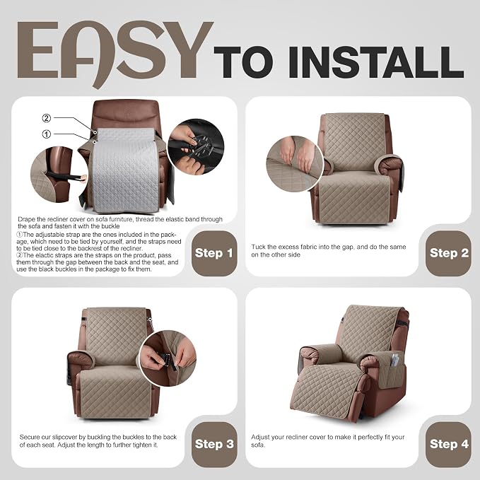 KinCam 100% Waterproof Recliner Chair Covers Washable, 23.6", Taupe | Anti Slip Reclining Couch Covers for Pets Dog, Recliner Sofa Slipcover Storage Pocket, Furniture Protector with Elastic Strap - Image 7