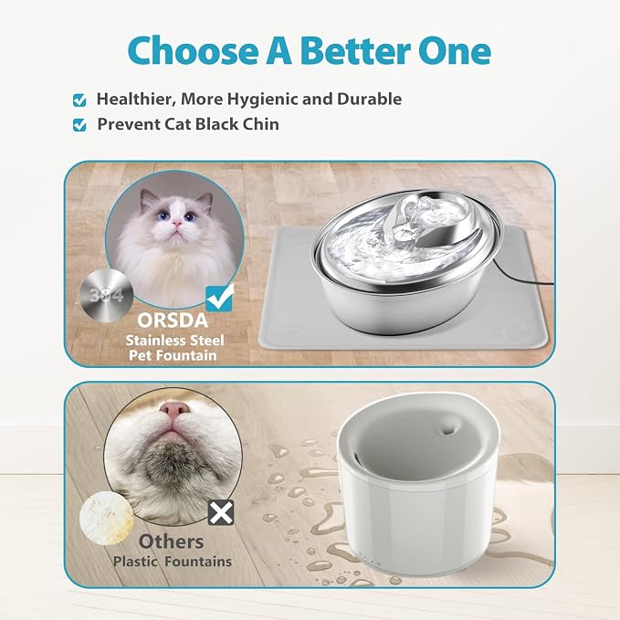 ORSDA Cat Water Fountain Stainless Steel, 2L Pet Fountain for Cats Inside, Dog Water Dispenser, Automatic Cat Drinking Fountains with 6 Replacement Filters for Cats, Small Dogs - Image 7